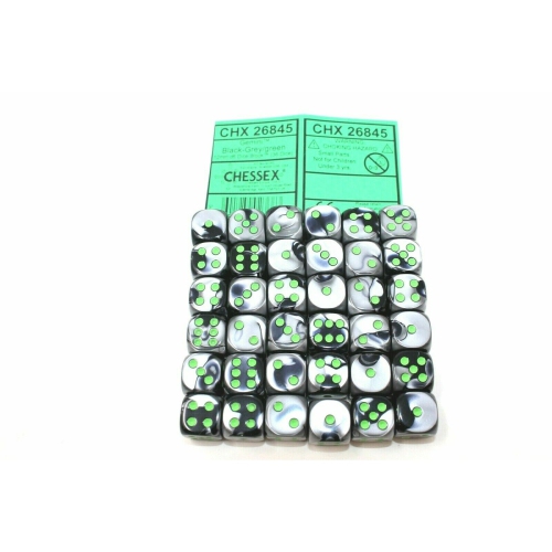 Chessex Black Grey with Green 36 Gemini 12mm Pipped Dice CHX 26845