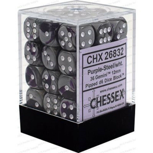 Chessex Gemini 36D6 Purple-Steel White Dice - CHX26832