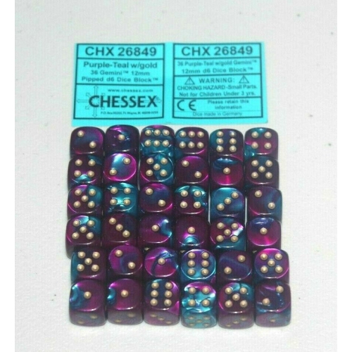 Chessex Purple Teal with Gold 36 Gemini 12mm Pipped Dice CHX 26849
