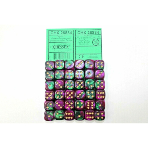Chessex Dice 12mm D6 Gemini Green - Purple / Gold CHX26834