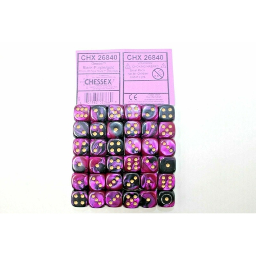 Chessex Dice 12mm D6 Gemini Black - Purple / Gold CHX26840