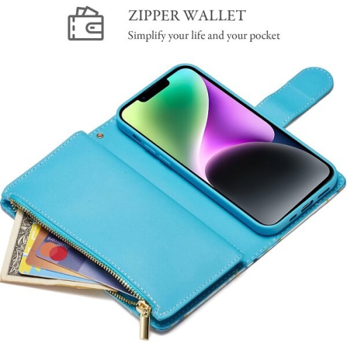 Tasnim – Étui portefeuille pour iPhone 14 Plus, fentes pour porte-cartes, dragonne, protection intérieure en TPUR, support, étui folio en cuir PU, 14