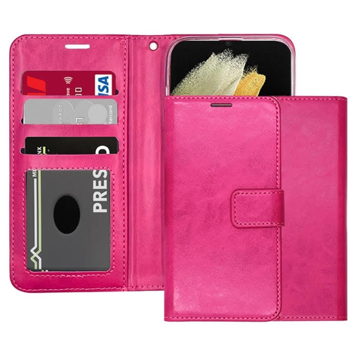 [CS] Magnetic Card Slot Leather Folio Wallet Flip Case Cover for iPhone 17 Pro, Hot Pink