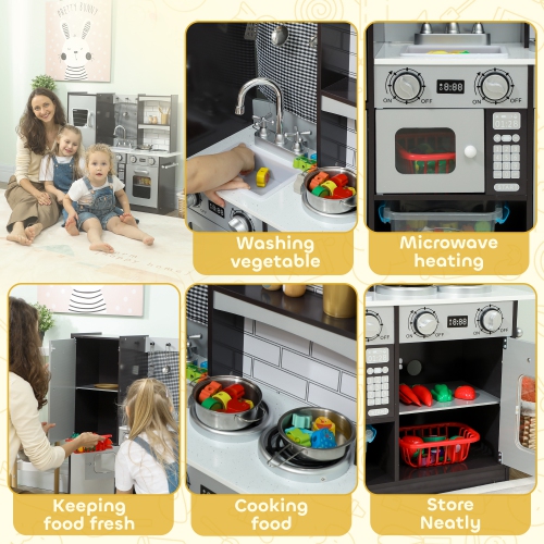 Ensemble de cuisine Play Kitchen for Kids de Qaba avec bouton de commande, accessoires, réfrigérateur, four à micro-ondes, évier et porte-serviettes,