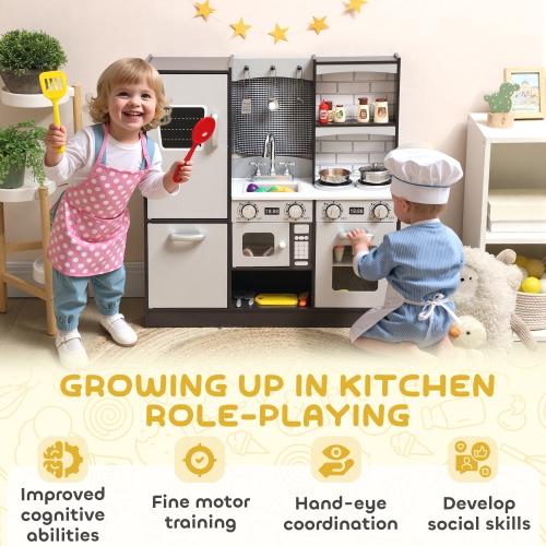 Ensemble de cuisine Play Kitchen for Kids de Qaba avec bouton de commande, accessoires, réfrigérateur, four à micro-ondes, évier et porte-serviettes,
