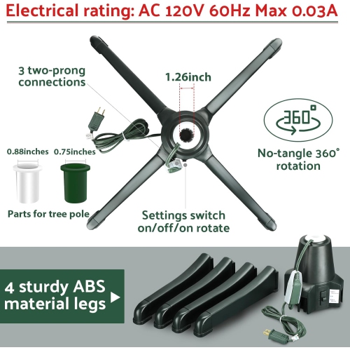 Support de sapin de Noël à base rotative électrique rotative à 360 degrés pour un maximum de 7. 5&nbsp;pi Arbres des fêtes artificiels