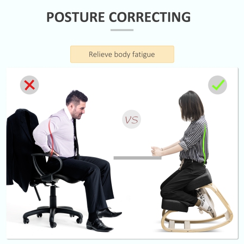 HOMCOM Ergonomic Kneeling Chair, Wood Kneel Stool with Thick Pads, Desk Knee Chair for Office, Improve Posture, Back Pain, Black