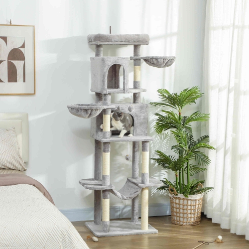 PawHut Cat Tree, 69" Cat Tower for Indoor Kittens, Multi-Level Tower with 2 Condos, Scratching Posts, 2 Hammocks, Perches, Pompoms for Multiple