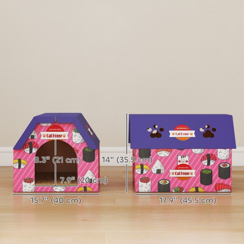 PawHut Cat Scratcher House, 2-in-1 Cardboard Cat Scratching Pad with Door, 4 Paw-Shaped Vents and Grass for Indoor, Pink