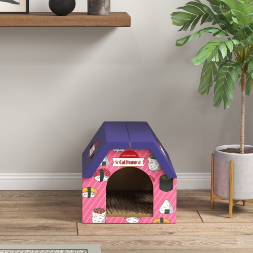 PawHut Cat Scratcher House, 2-in-1 Cardboard Cat Scratching Pad with Door, 4 Paw-Shaped Vents and Grass for Indoor, Pink