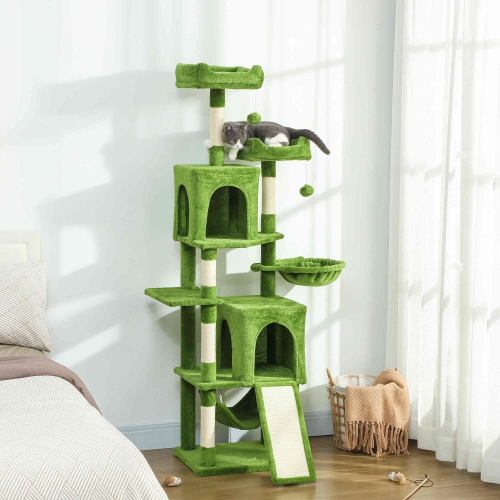 PawHut Cat Tree, 70" Multi-Level Cat Tower for Indoor with 2 Condos, 2 Plush Top Perches, Hammock, Platforms, Toy Balls, Sisal Scratching Posts and