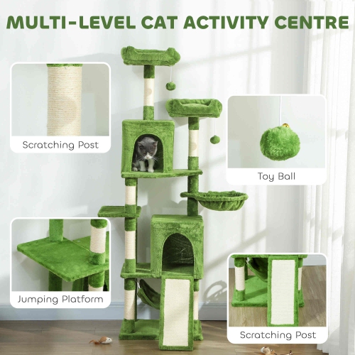 PawHut Cat Tree, 70" Multi-Level Cat Tower for Indoor with 2 Condos, 2 Plush Top Perches, Hammock, Platforms, Toy Balls, Sisal Scratching Posts and