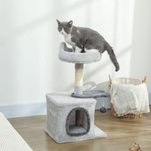PawHut Cat Tree, 28" Cat Tower for Indoor Kittens with Plush Top Bed, Cozy Condo, Sisal Scratching Post, Perch, Dangling Ball, Light Grey
