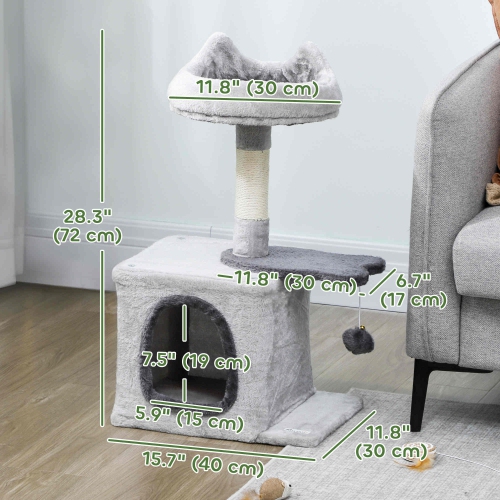 PawHut Cat Tree, 28" Cat Tower for Indoor Kittens with Plush Top Bed, Cozy Condo, Sisal Scratching Post, Perch, Dangling Ball, Light Grey