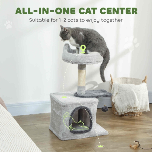 PawHut Cat Tree, 28" Cat Tower for Indoor Kittens with Plush Top Bed, Cozy Condo, Sisal Scratching Post, Perch, Dangling Ball, Light Grey