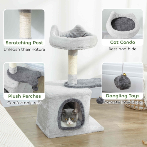 PawHut Cat Tree, 28" Cat Tower for Indoor Kittens with Plush Top Bed, Cozy Condo, Sisal Scratching Post, Perch, Dangling Ball, Light Grey