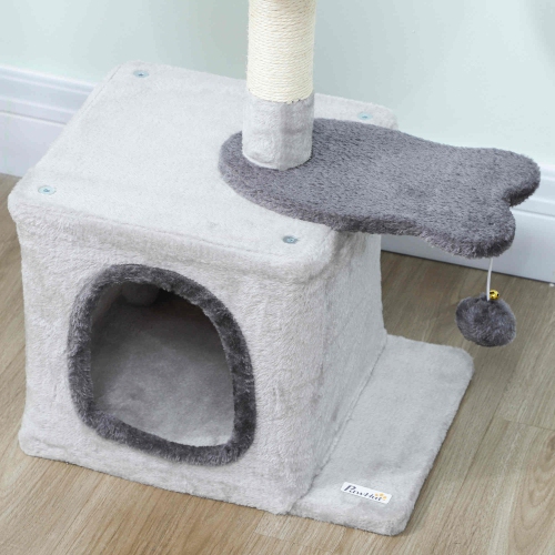 PawHut Cat Tree, 28" Cat Tower for Indoor Kittens with Plush Top Bed, Cozy Condo, Sisal Scratching Post, Perch, Dangling Ball, Light Grey