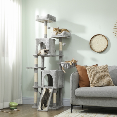 Arbre à chats de PawHut, tour à niveaux multiples pour chats d'intérieur de 70 po avec 2 condos, 2 perchoirs en peluche, hamac, plateformes,