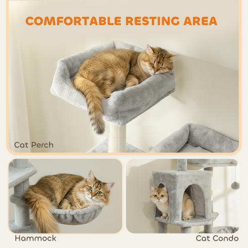 Arbre à chats de PawHut, tour à niveaux multiples pour chats d'intérieur de 70 po avec 2 condos, 2 perchoirs en peluche, hamac, plateformes,