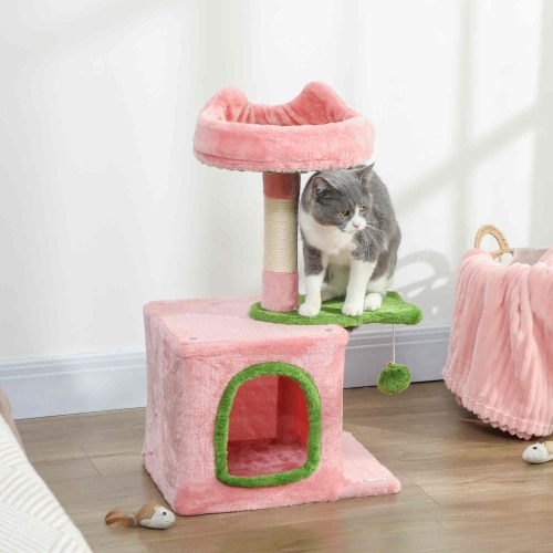 PawHut Cat Tree, 28" Cat Tower for Indoor Kittens with Plush Top Bed, Cozy Condo, Sisal Scratching Post, Perch, Dangling Ball, Pink and Green