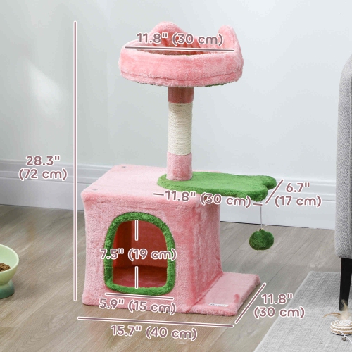 PawHut Cat Tree, 28" Cat Tower for Indoor Kittens with Plush Top Bed, Cozy Condo, Sisal Scratching Post, Perch, Dangling Ball, Pink and Green