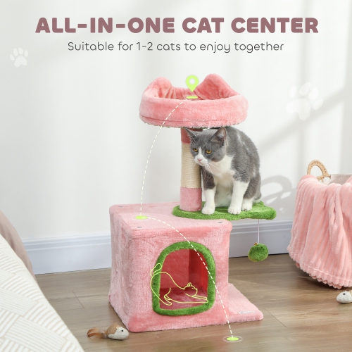 PawHut Cat Tree, 28" Cat Tower for Indoor Kittens with Plush Top Bed, Cozy Condo, Sisal Scratching Post, Perch, Dangling Ball, Pink and Green