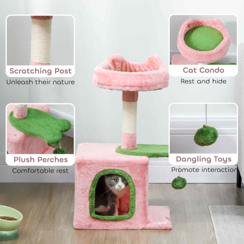 PawHut Cat Tree, 28" Cat Tower for Indoor Kittens with Plush Top Bed, Cozy Condo, Sisal Scratching Post, Perch, Dangling Ball, Pink and Green
