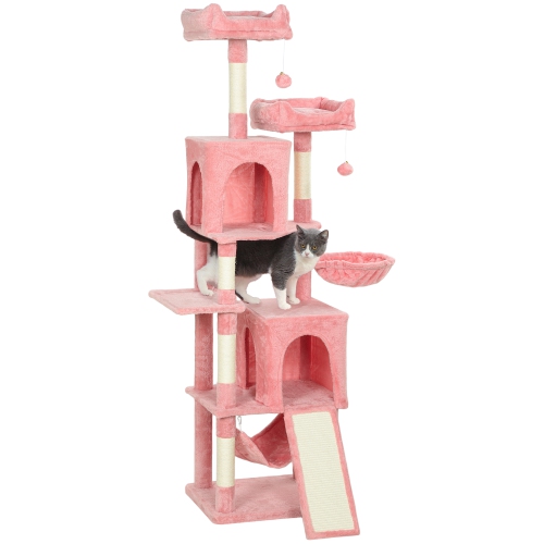 PawHut Cat Tree, 70" Multi-Level Cat Tower for Indoor with 2 Condos, 2 Plush Top Perches, Hammock, Platforms, Toy Balls, Sisal Scratching Posts and