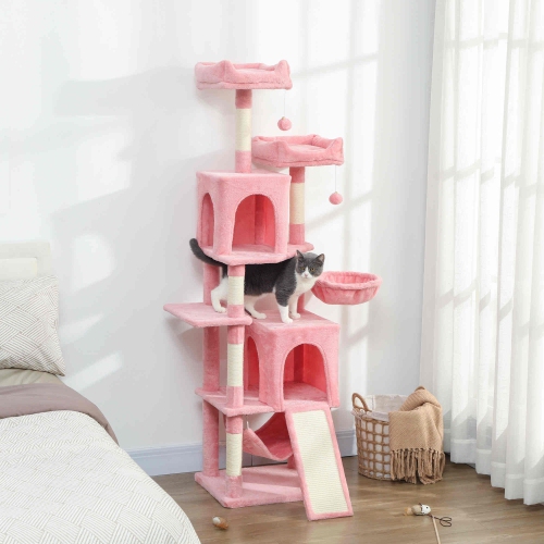 PawHut Cat Tree, 70" Multi-Level Cat Tower for Indoor with 2 Condos, 2 Plush Top Perches, Hammock, Platforms, Toy Balls, Sisal Scratching Posts and