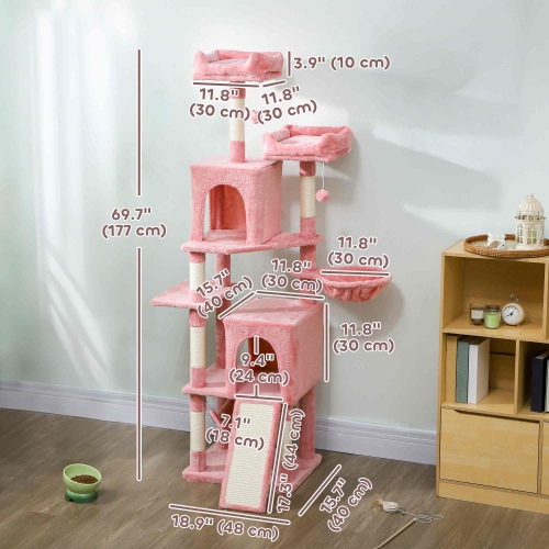PawHut Cat Tree, 70" Multi-Level Cat Tower for Indoor with 2 Condos, 2 Plush Top Perches, Hammock, Platforms, Toy Balls, Sisal Scratching Posts and