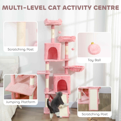 PawHut Cat Tree, 70" Multi-Level Cat Tower for Indoor with 2 Condos, 2 Plush Top Perches, Hammock, Platforms, Toy Balls, Sisal Scratching Posts and