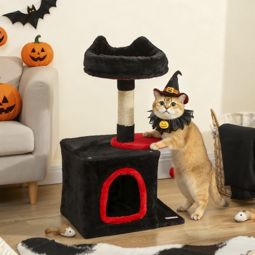 PawHut Gothic Cat Tree, 28" Cat Tower for Indoor Kittens with Plush Top Bed, Cozy Condo, Sisal Scratching Post, Perch, Dangling Ball, Red and Black