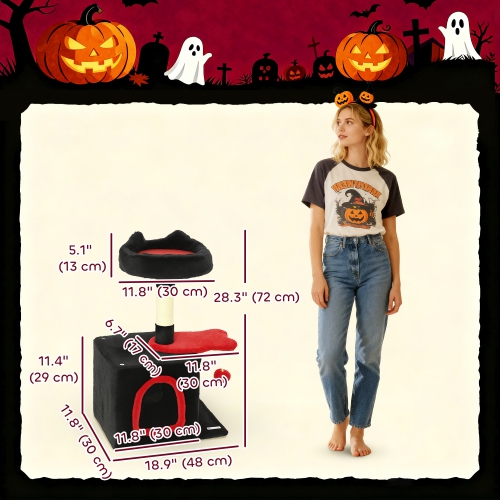 PawHut Gothic Cat Tree, 28" Cat Tower for Indoor Kittens with Plush Top Bed, Cozy Condo, Sisal Scratching Post, Perch, Dangling Ball, Red and Black