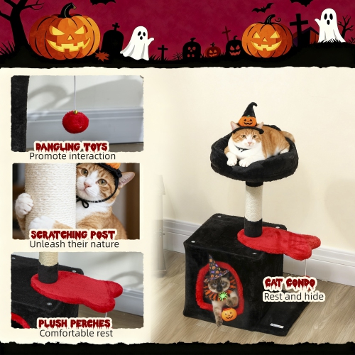 PawHut Gothic Cat Tree, 28" Cat Tower for Indoor Kittens with Plush Top Bed, Cozy Condo, Sisal Scratching Post, Perch, Dangling Ball, Red and Black
