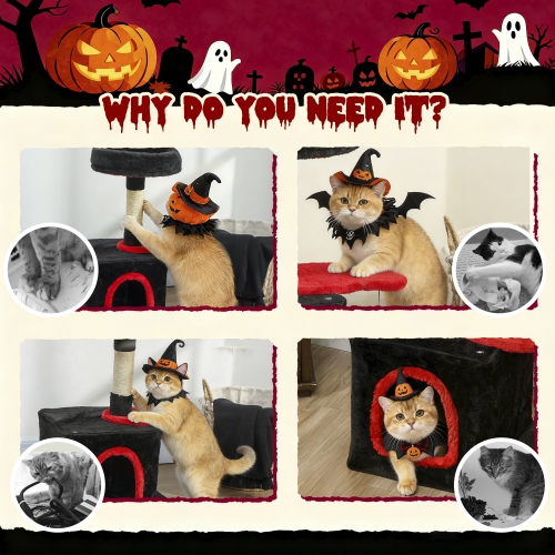 PawHut Gothic Cat Tree, 28" Cat Tower for Indoor Kittens with Plush Top Bed, Cozy Condo, Sisal Scratching Post, Perch, Dangling Ball, Red and Black