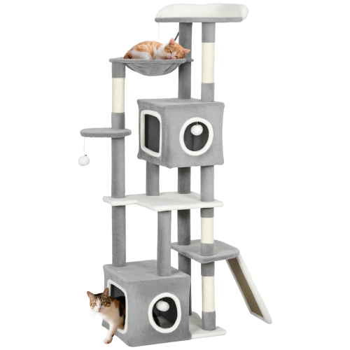 PawHut Cat Tree for Indoor Large Adult Cats, 65 Inch Kitty Tower Multi-Level with 2 Doors Condos, Plush Top Perch, Hammock, Sisal Scratching Posts, 4