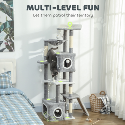 PawHut Cat Tree for Indoor Large Adult Cats, 65 Inch Kitty Tower Multi-Level with 2 Doors Condos, Plush Top Perch, Hammock, Sisal Scratching Posts, 4