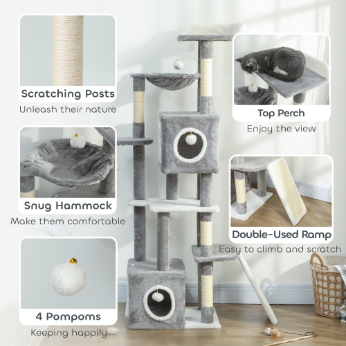 PawHut Cat Tree for Indoor Large Adult Cats, 65 Inch Kitty Tower Multi-Level with 2 Doors Condos, Plush Top Perch, Hammock, Sisal Scratching Posts, 4