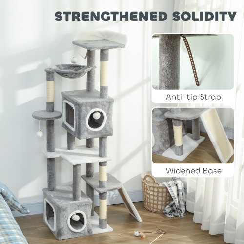 PawHut Cat Tree for Indoor Large Adult Cats, 65 Inch Kitty Tower Multi-Level with 2 Doors Condos, Plush Top Perch, Hammock, Sisal Scratching Posts, 4