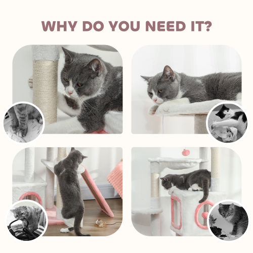 PawHut Cat Tree for Indoor Large Adult Cats, 65 Inch Kitty Tower Multi-Level with 2 Doors Condos, Plush Top Perch, Hammock, Sisal Scratching Posts, 4