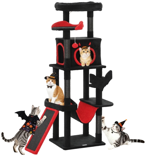 PawHut Gothic Cat Tree, 60" Multi-Level Cat Tower for Indoor Kittens Large Adult with Coffin Bed, Sisal Scratching Posts & Ramp, Condo, Hammock,