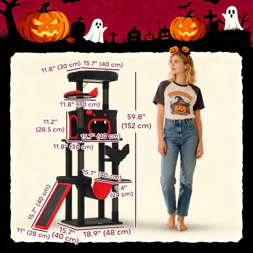 PawHut Gothic Cat Tree, 60" Multi-Level Cat Tower for Indoor Kittens Large Adult with Coffin Bed, Sisal Scratching Posts & Ramp, Condo, Hammock,