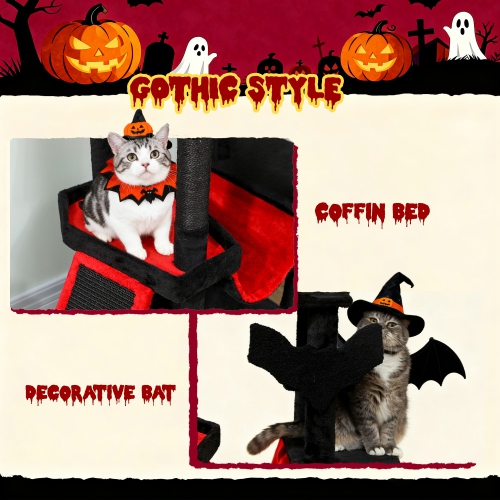 PawHut Gothic Cat Tree, 60" Multi-Level Cat Tower for Indoor Kittens Large Adult with Coffin Bed, Sisal Scratching Posts & Ramp, Condo, Hammock,