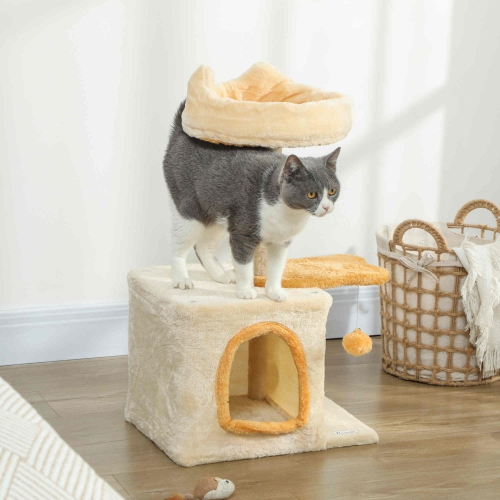 PawHut Cat Tree, 28" Cat Tower for Indoor Kittens with Plush Top Bed, Cozy Condo, Sisal Scratching Post, Perch, Dangling Ball, Beige and Yellow