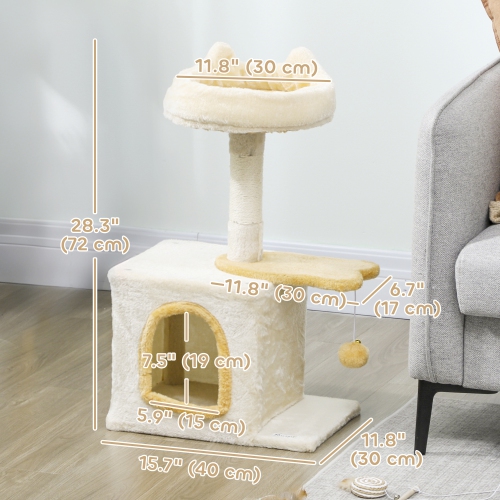 PawHut Cat Tree, 28" Cat Tower for Indoor Kittens with Plush Top Bed, Cozy Condo, Sisal Scratching Post, Perch, Dangling Ball, Beige and Yellow