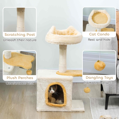 PawHut Cat Tree, 28" Cat Tower for Indoor Kittens with Plush Top Bed, Cozy Condo, Sisal Scratching Post, Perch, Dangling Ball, Beige and Yellow