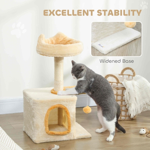 PawHut Cat Tree, 28" Cat Tower for Indoor Kittens with Plush Top Bed, Cozy Condo, Sisal Scratching Post, Perch, Dangling Ball, Beige and Yellow