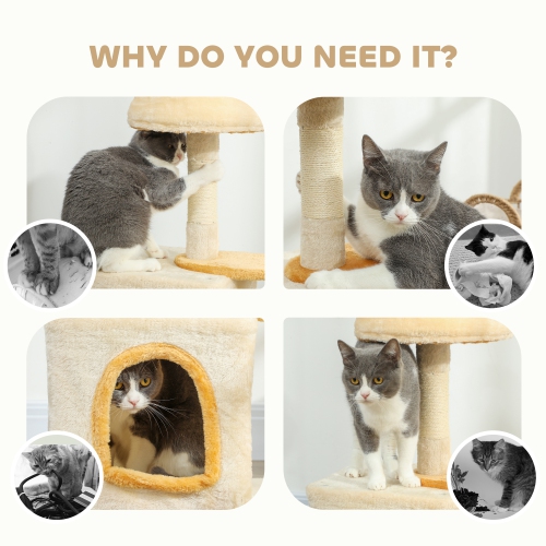 PawHut Cat Tree, 28" Cat Tower for Indoor Kittens with Plush Top Bed, Cozy Condo, Sisal Scratching Post, Perch, Dangling Ball, Beige and Yellow