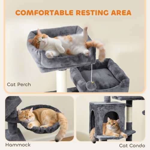 Arbre à chats de PawHut, tour à chat multiniveau de 70&nbsp;po pour l'intérieur avec 2 condos, 2 perchoirs en peluche, hamac, plateformes, balles,