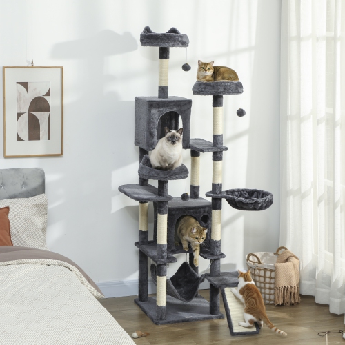 PawHut Cat Tree, 76 Inches Large Multi-Level Cat Tower for Indoor Kittens with 8 Scratching Posts, 3 Plush Beds, 2 Hammocks, 2 Large Condos, Ramp,